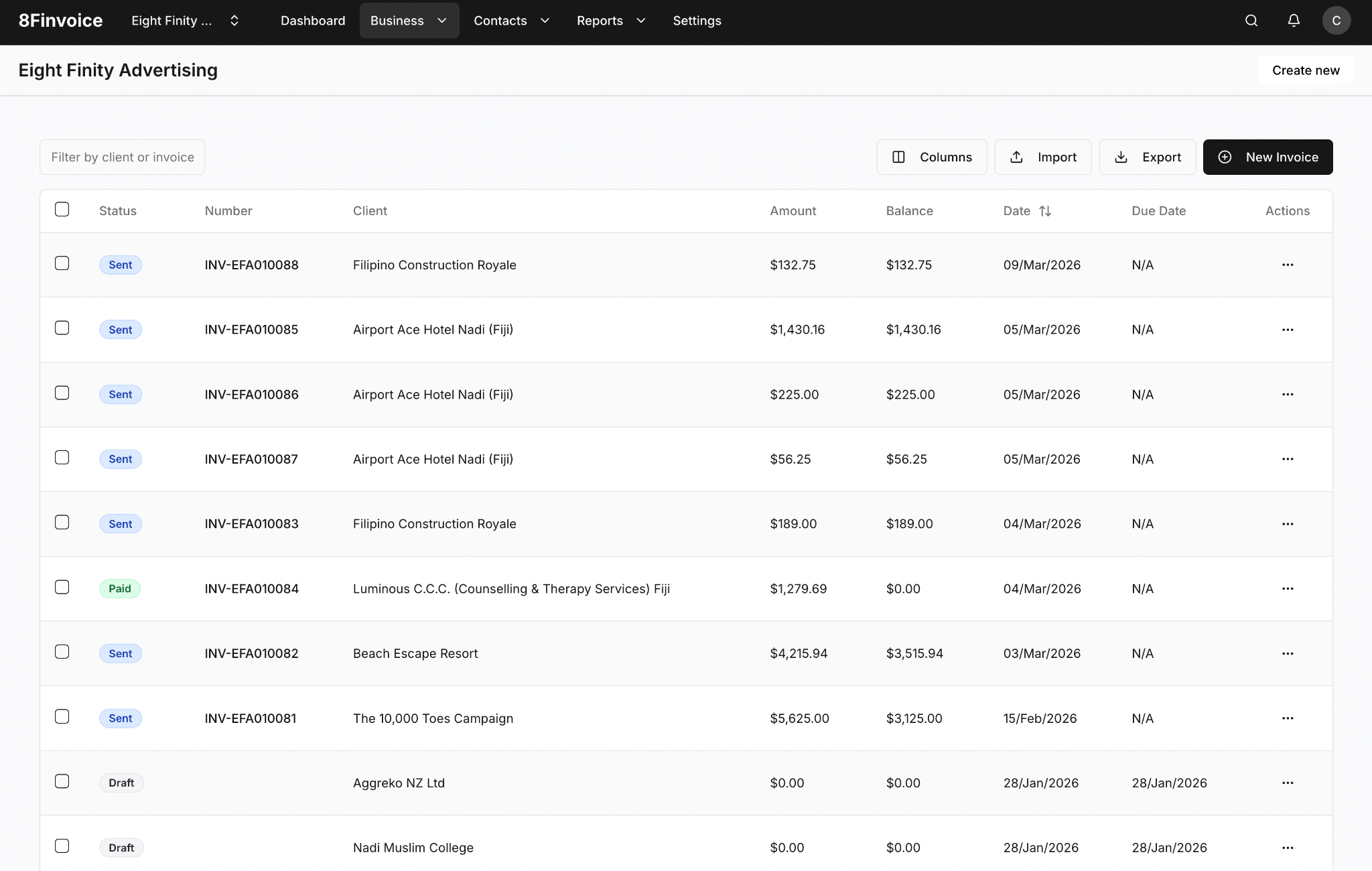 8Finvoice invoicing platform screenshot