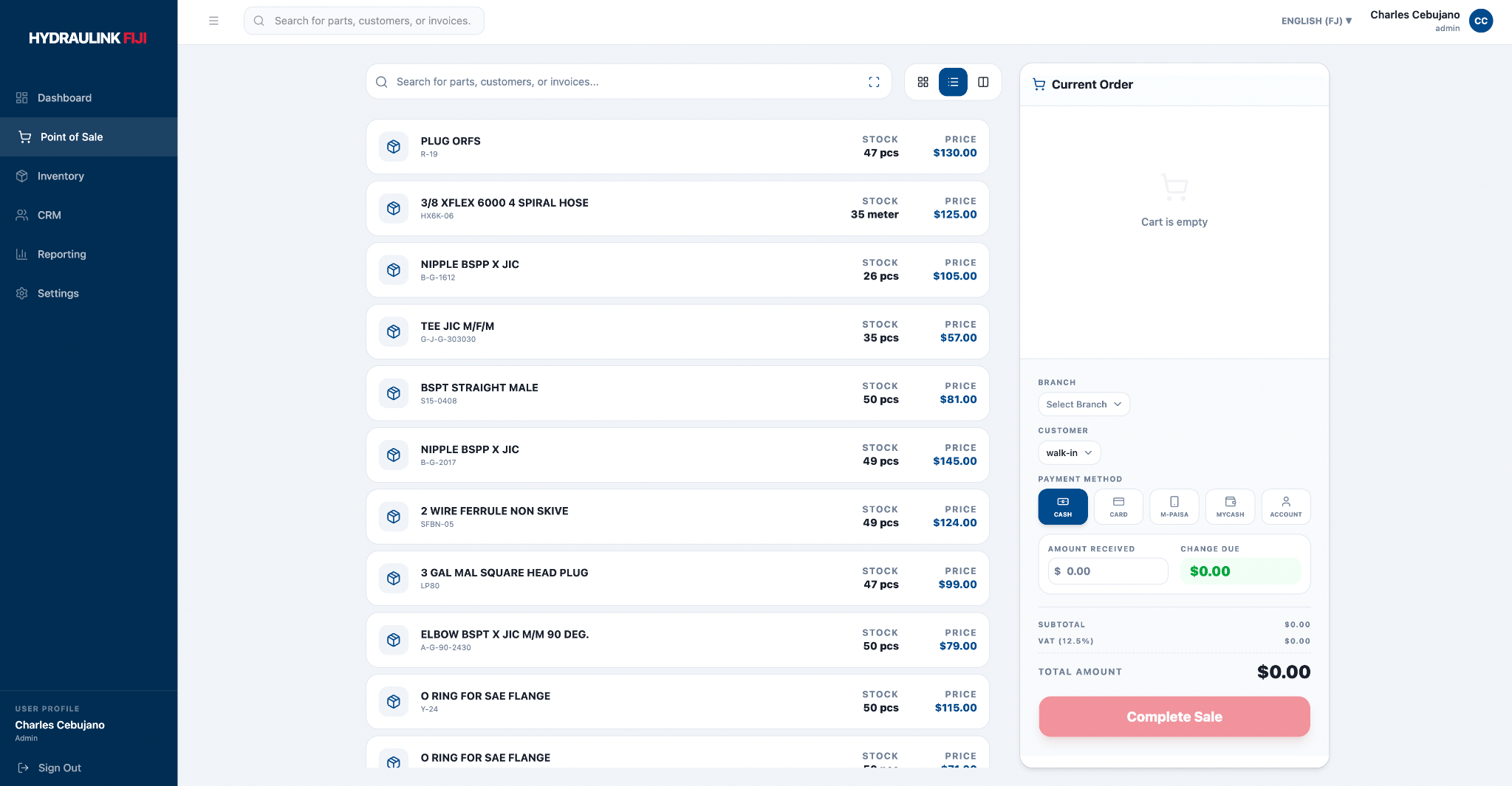 Hydraulink POS system screenshot